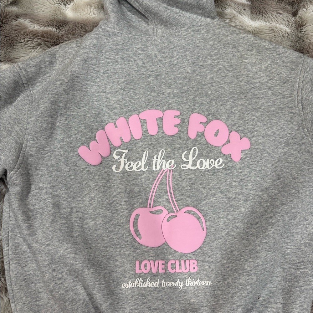 gray with pink white fox hoodie